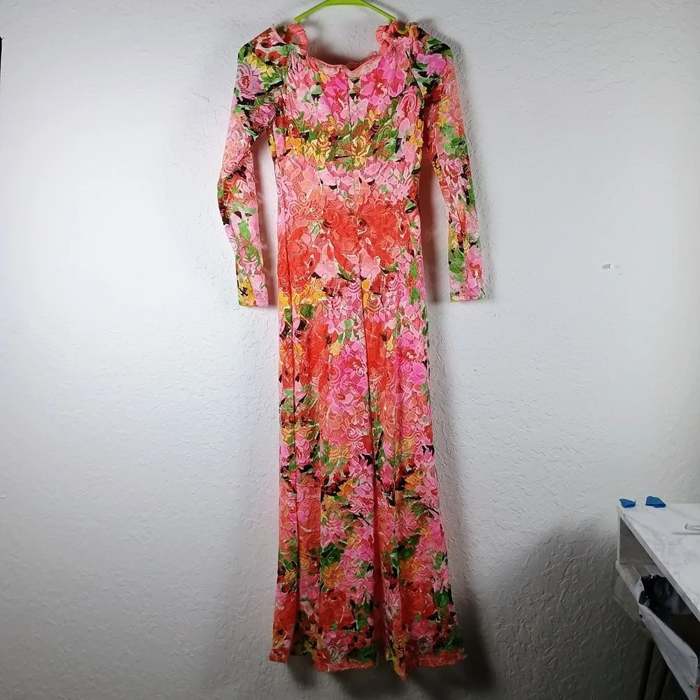 Marina Floral Lace Overlay Maxi Dress XS Pink Red Stretch Lined Made USA - Picture 6 of 13